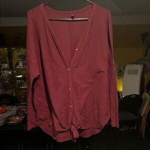 Women's Button-Up V-Neck Top - Maroon. XL